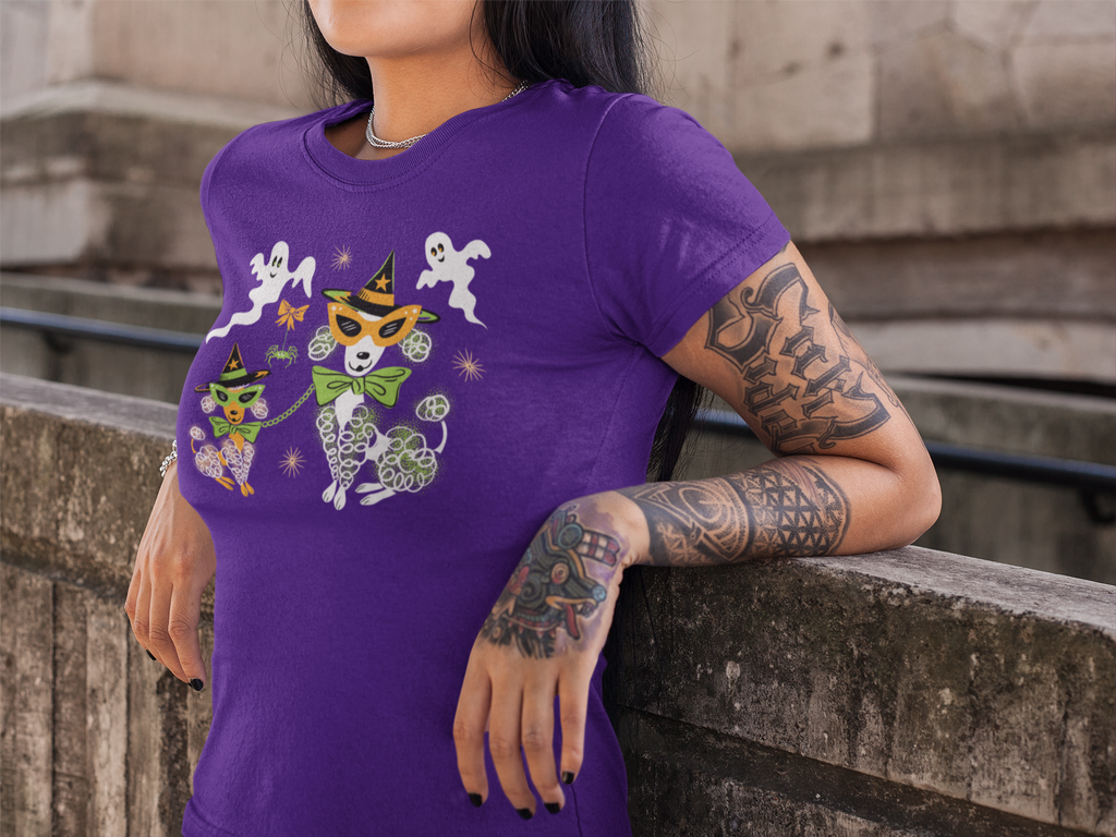 Vintage Style Halloween Poodles and Ghosts Purple T-Shirt