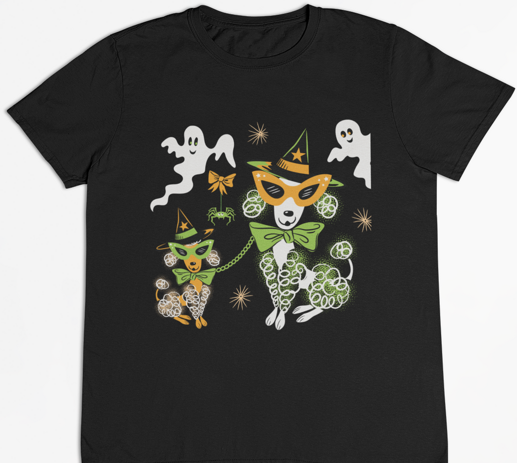 Vintage Style Halloween Poodles and Ghosts Black T-Shirt