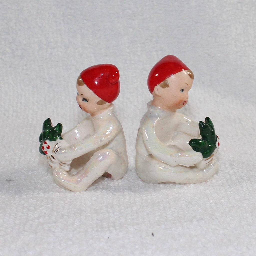 Vintage Napco Christmas Pixie Elf Candle Hugger Climber Figurines 1950s Japan