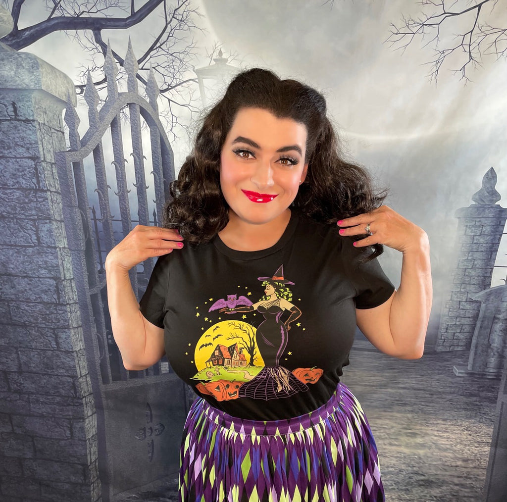 Pinup Halloween Retro Witch with Bat and Haunted House