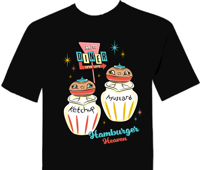 Men's Retro Diner Hamburger Heaven Rockabilly Black T-Shirt
