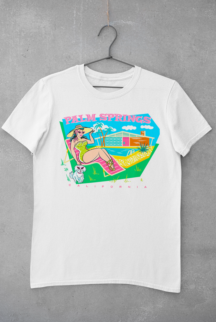 Palm Springs California Ladies White T-Shirt Pinup Rockabilly