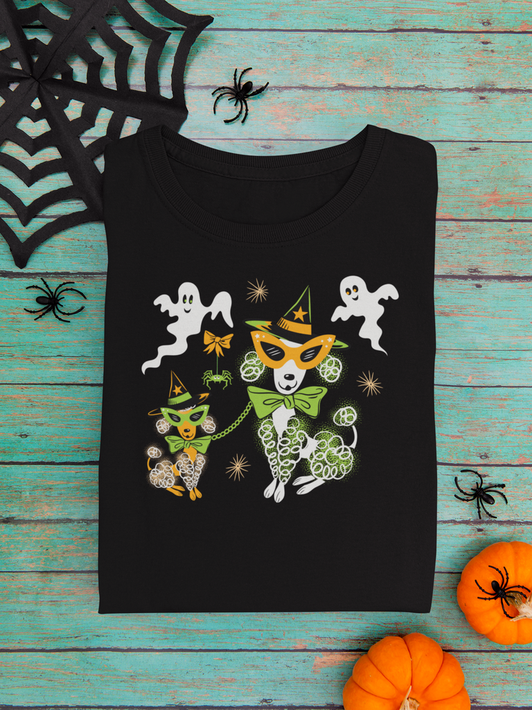 Vintage Style Halloween Poodles and Ghosts Black T-Shirt