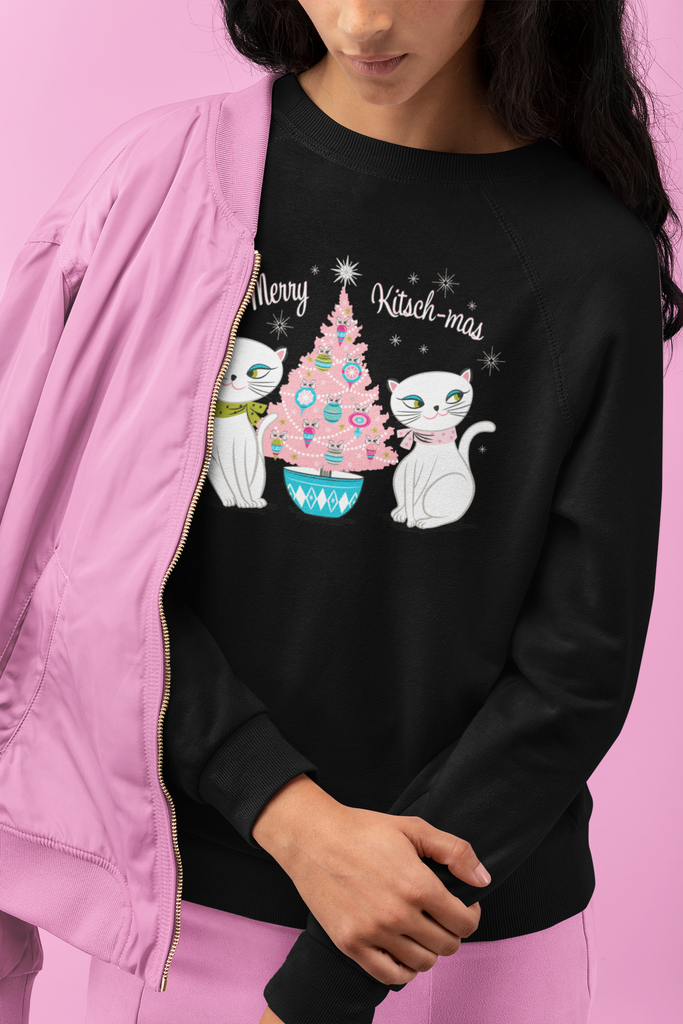 Vintage Holt Howard Cozy Kittens Merry Kitschmas Pink Christmas Tree Crewneck Sweatshirt