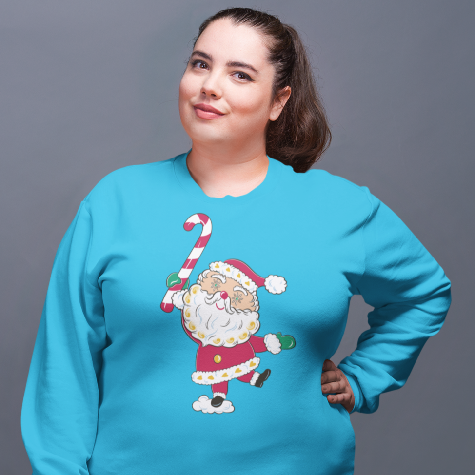 Christmas Starry Eyed Santa Claus Candy Cane Women's Turquoise Blue Sweatshirt