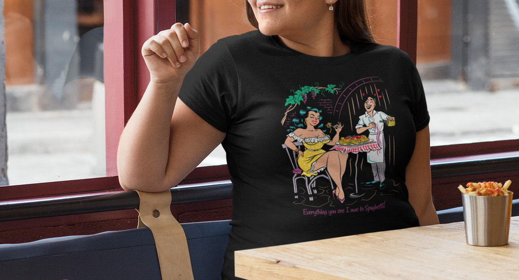 Pasta Queen Black T-Shirt Everything you see I owe to Spaghetti