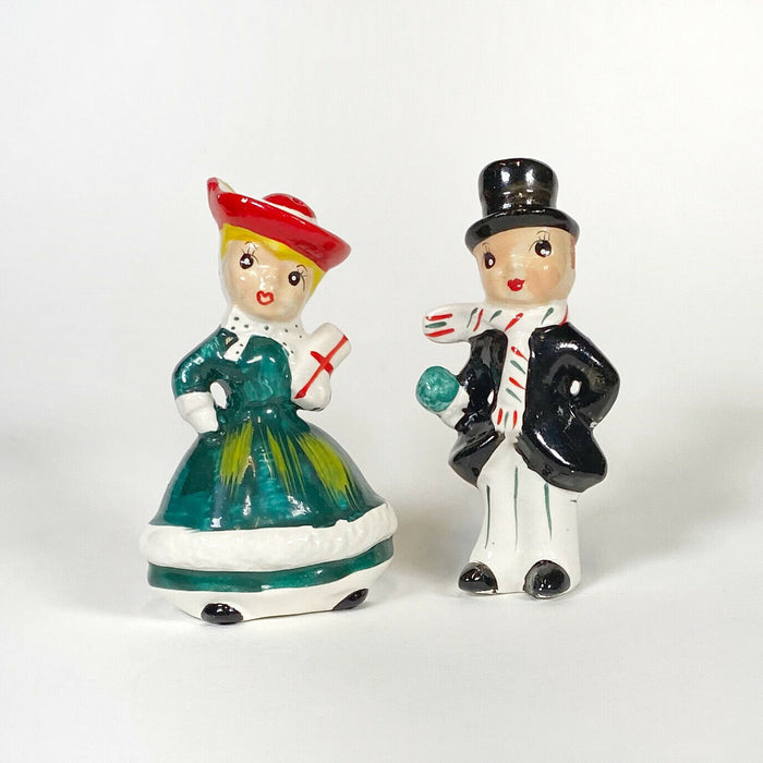 Vintage Lefton Christmas Shopper Couple Salt & Pepper Shaker Figurines