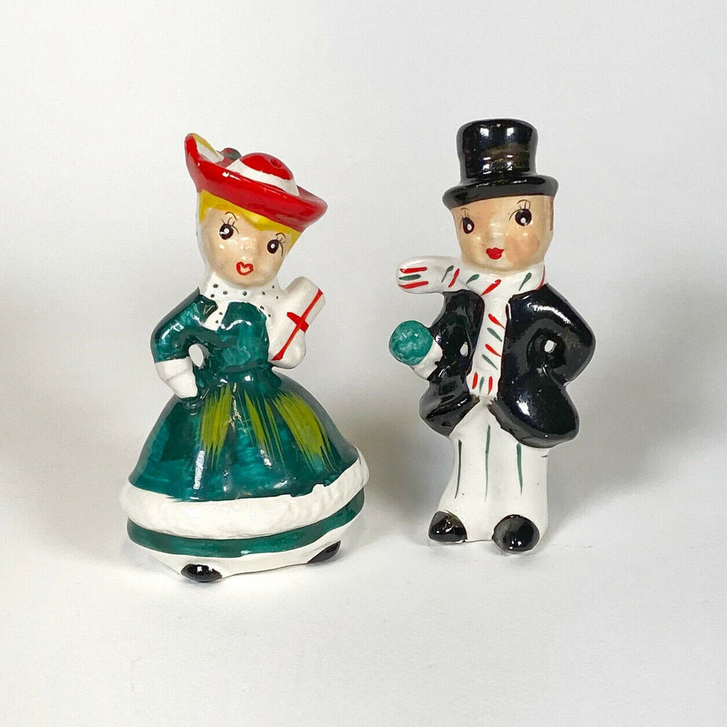 Vintage Lefton Christmas Shopper Couple Salt & Pepper Shaker Figurines