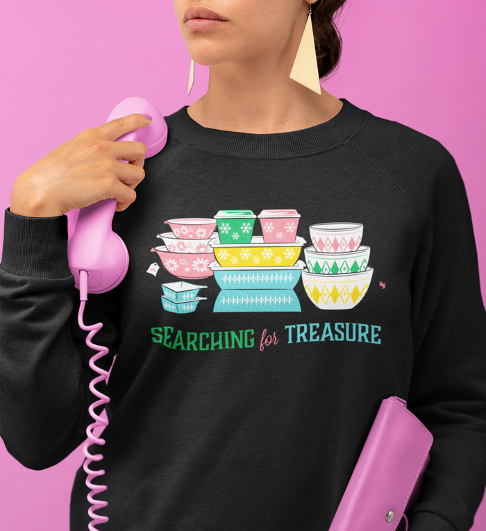 Vintage Pyrex Searching for Treasure SWEATSHIRT Pink Flannel Flowers Dotted Diamonds Turquoise Spears and Snowflakes Black Sweatshirt