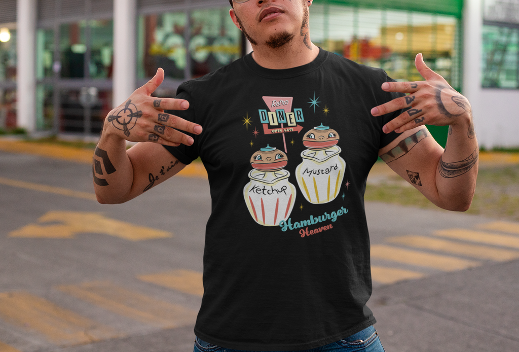 Men's Retro Diner Hamburger Heaven Rockabilly Black T-Shirt