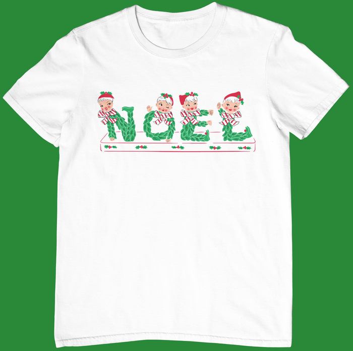 Green Holly NOEL Pixies Ladies White T-Shirt