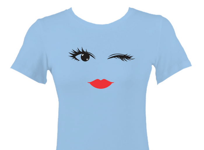 Red Lips Winking Honey Short Sleeve T-Shirt Top Baby Blue